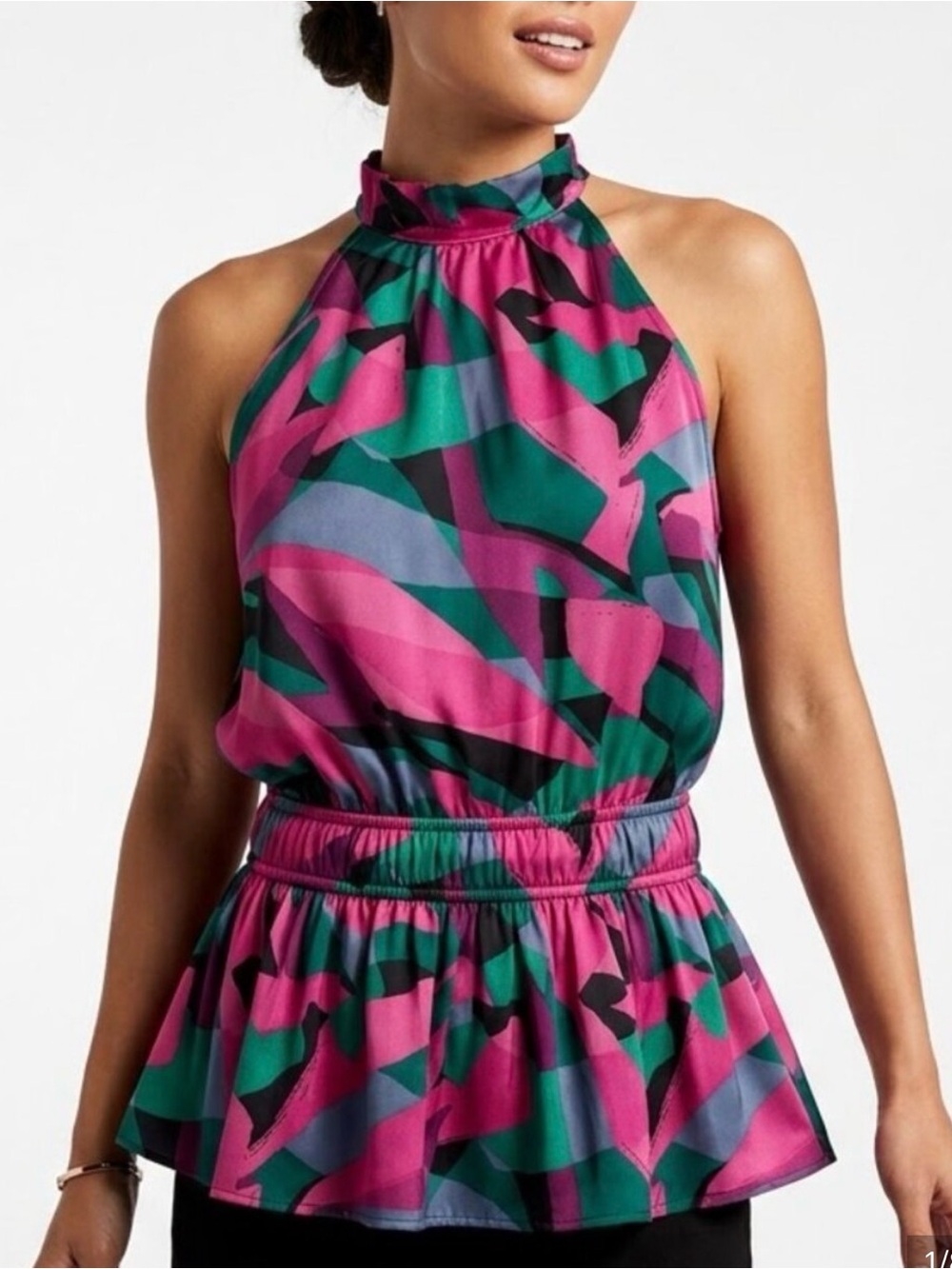 Nine West Sleeveless Pleated Peplum Halter Top Pink Abstract size M